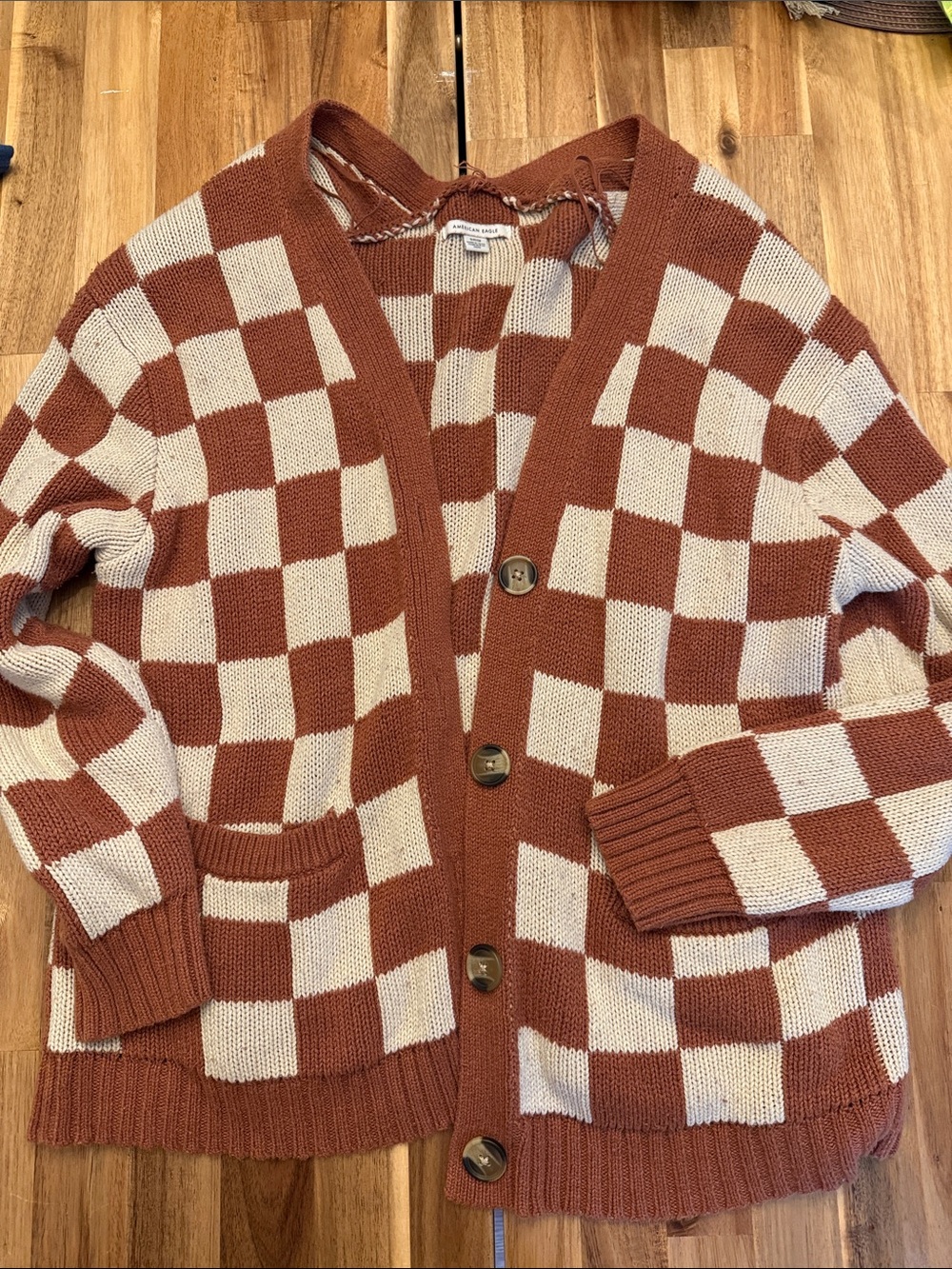 American Eagle Checkerboard Knit Cardigan Sweater